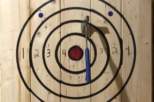 Axe throwing target showing the scoring rings
